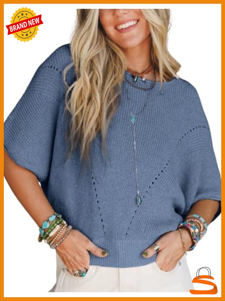 Lightweight Crochet Knit Pullover Sweater With Dolman Sleeves